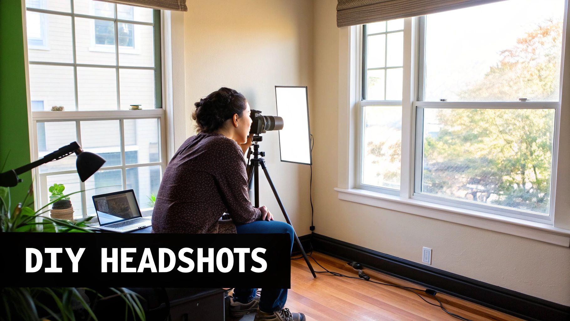 A person setting up a DIY photography studio with a camera on a tripod and a large light panel for headshots.