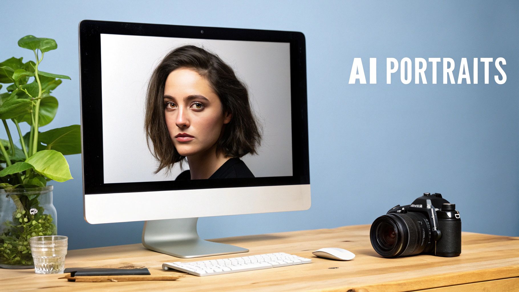 A clean desk setup with a computer displaying an AI portrait, a camera, and a green plant.