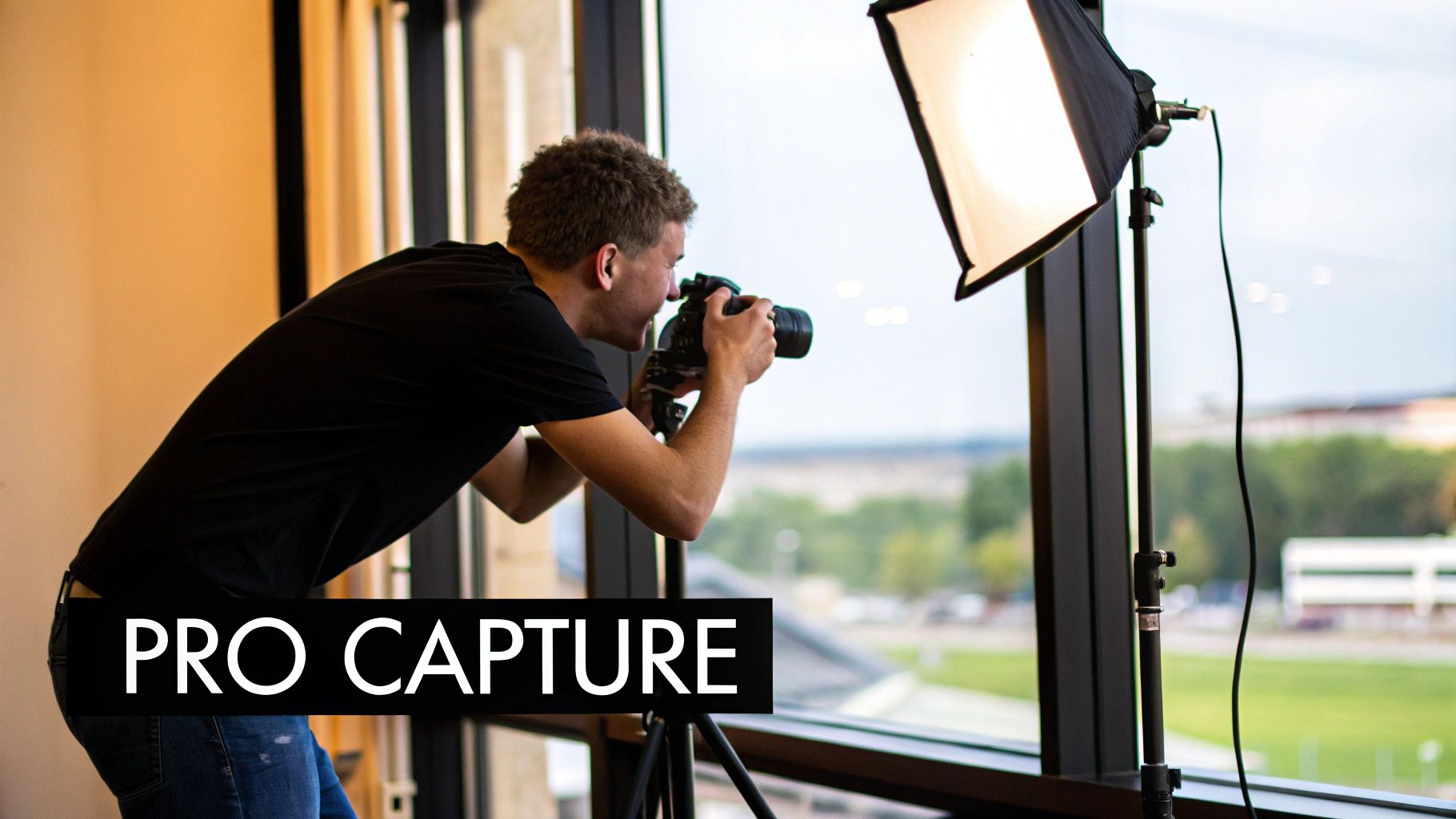 A professional photographer is using a camera and a softbox light by a large window for a photoshoot.