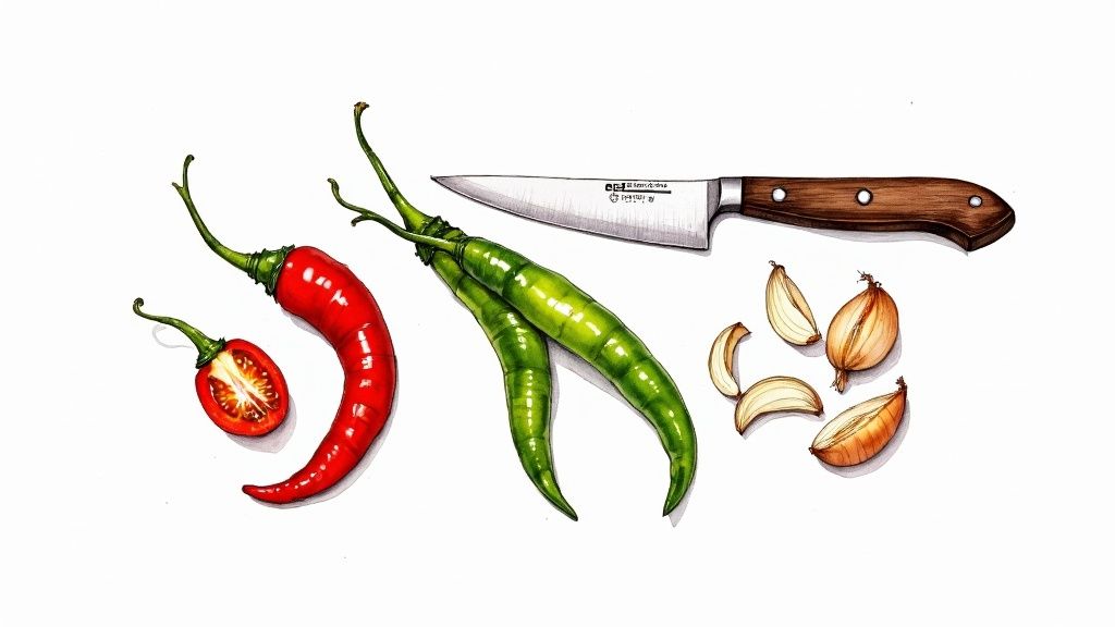 Fresh chillies, tomatoes, and garlic on a wooden chopping board ready for a kebab chili sauce recipe