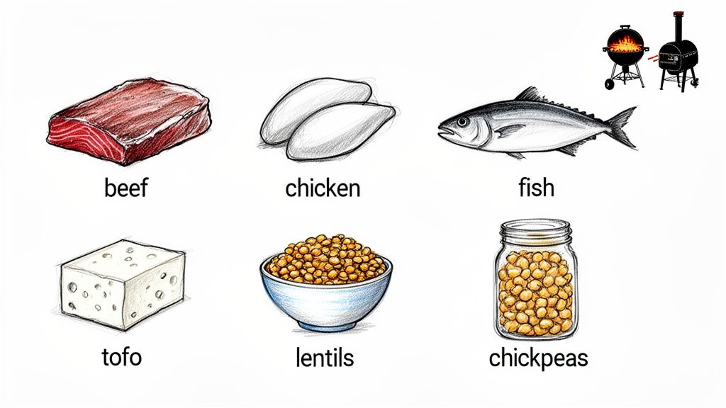 An image showing different sources of protein including beef, chicken, fish, tofu, lentils, and chickpeas.