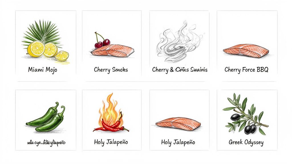 A grid of eight cards illustrating various ingredients like lemons, cherries, jalapeños, olives, and salmon fillets, representing different marinade flavors.