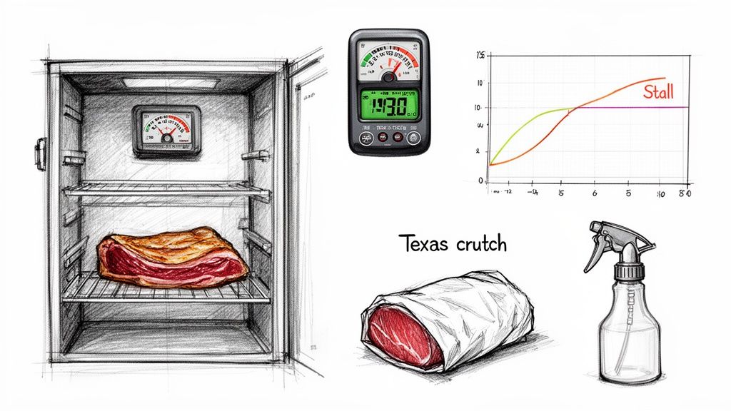 Diagram illustrating meat smoking process with a smoker, thermometers, a temperature stall graph, Texas crutch, and spray bottle.