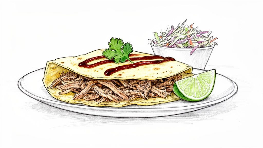 Hand-drawn illustration of a pulled pork taco on a plate with lime and a side of coleslaw.