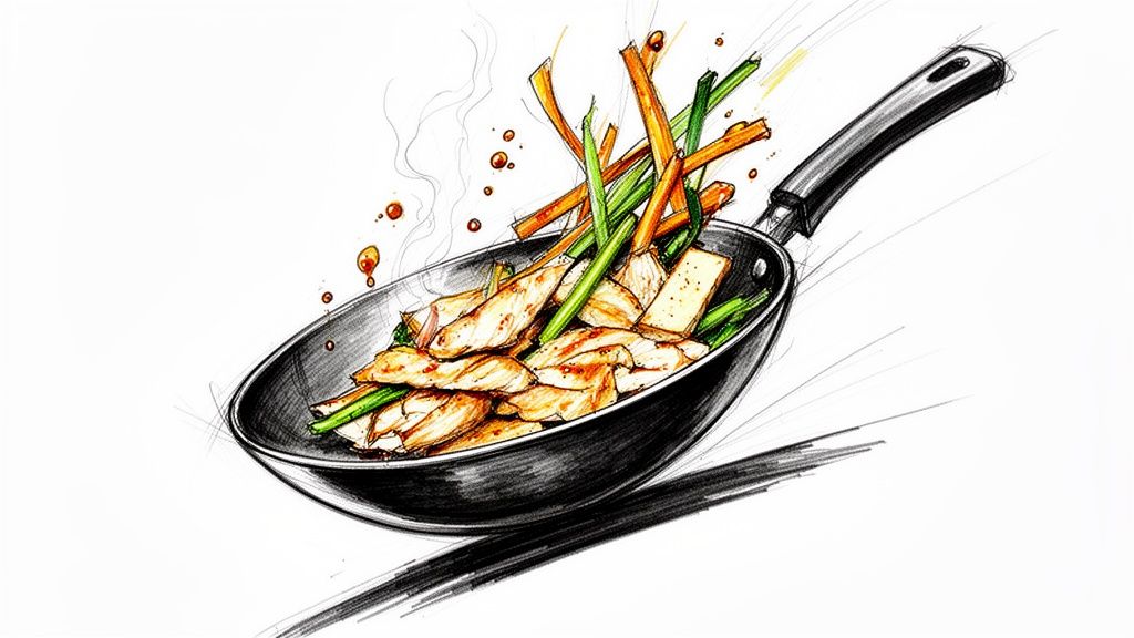 A vibrant sketch of chicken and vegetables being stir-fried and tossed in a black pan, with steam and sauce splashes.