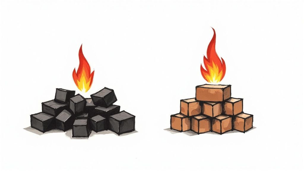 A close-up shot of burning charcoal briquettes, glowing orange and ready for grilling.