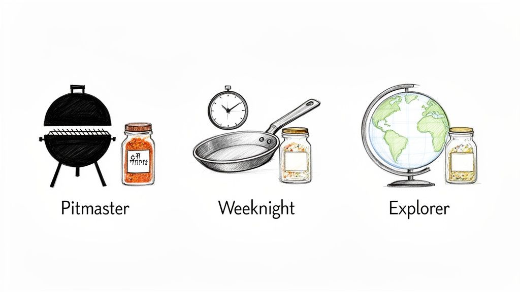 Three illustrations: Pitmaster (grill, BBQ rub), Weeknight (pan, timer, spices), and Explorer (globe, exotic spices).