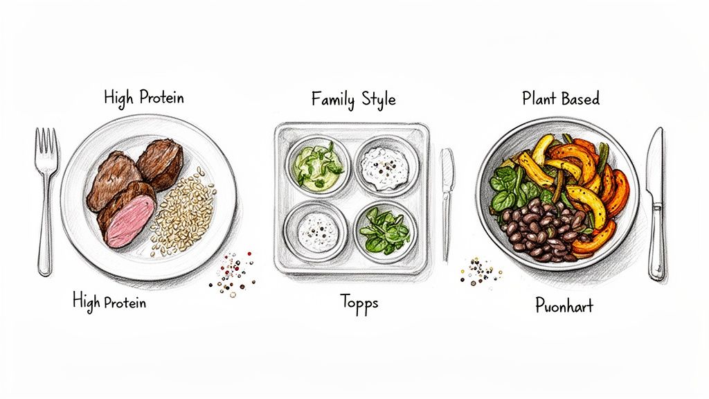 Three hand-drawn meal illustrations: high protein meat and grains, family-style toppings, and a plant-based bowl.