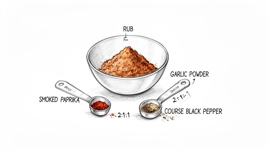 An illustration showing a bowl of dry rub next to smoked paprika, garlic powder, and coarse black pepper.
