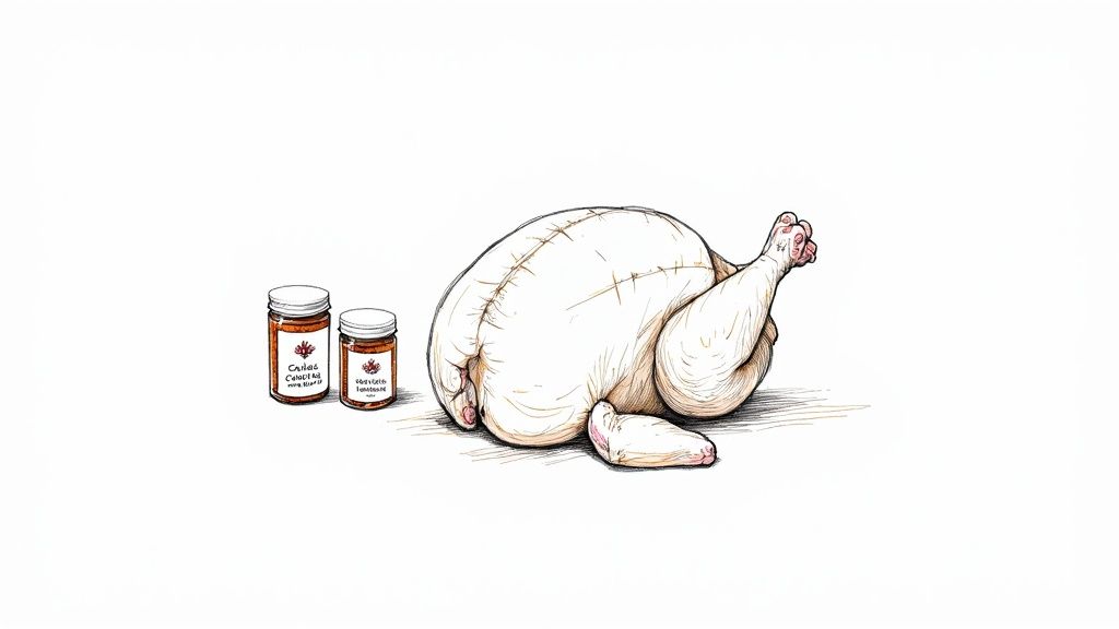 A close-up of a raw chicken being seasoned with herbs and spices on a wooden board.