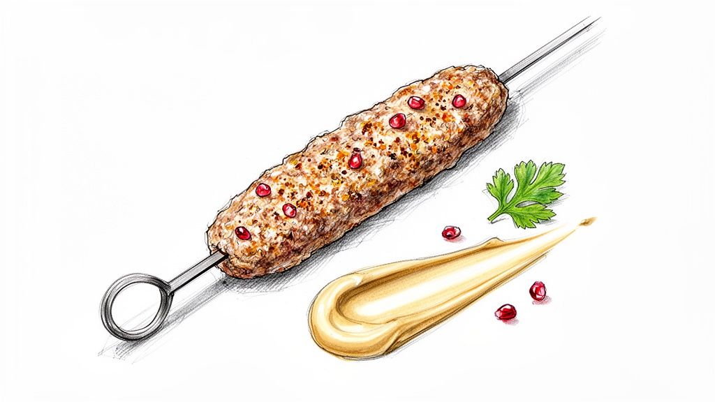 A vibrant illustration of a long kebab skewer garnished with pomegranate seeds, served with creamy sauce and parsley.
