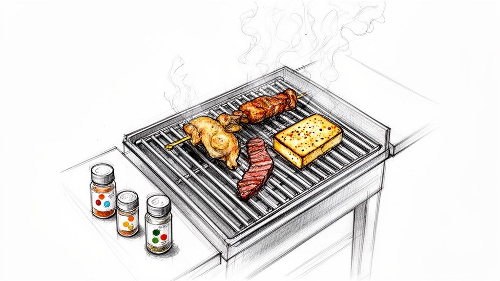 A hand-drawn illustration of grilling various meats and tofu on a barbecue with spices.