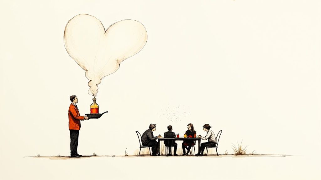 A man happily holding a gift box of Smokey Rebel BBQ rubs, with various spices and seasonings displayed on a rustic wooden table.