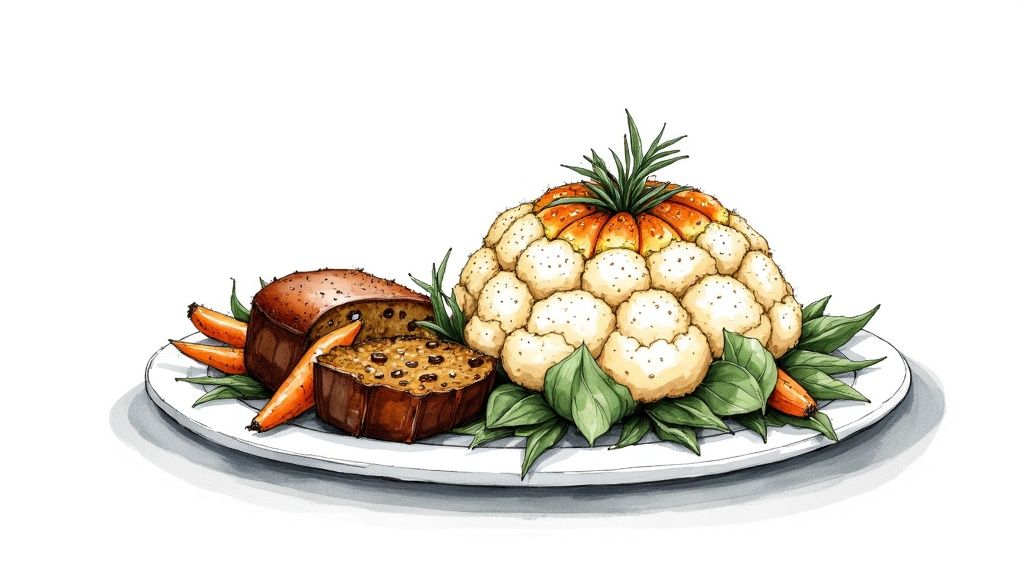 A festive holiday meal on a white plate, featuring a decorated cauliflower, a loaf of bread, and carrots.