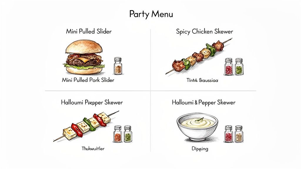 A party menu with various appetizers: mini pulled pork slider, spicy chicken skewer, halloumi pepper skewer, and dipping sauce.
