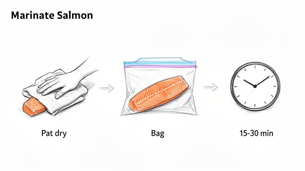Illustration showing three steps to marinate salmon: patting dry, bagging, and waiting for 15-30 minutes.