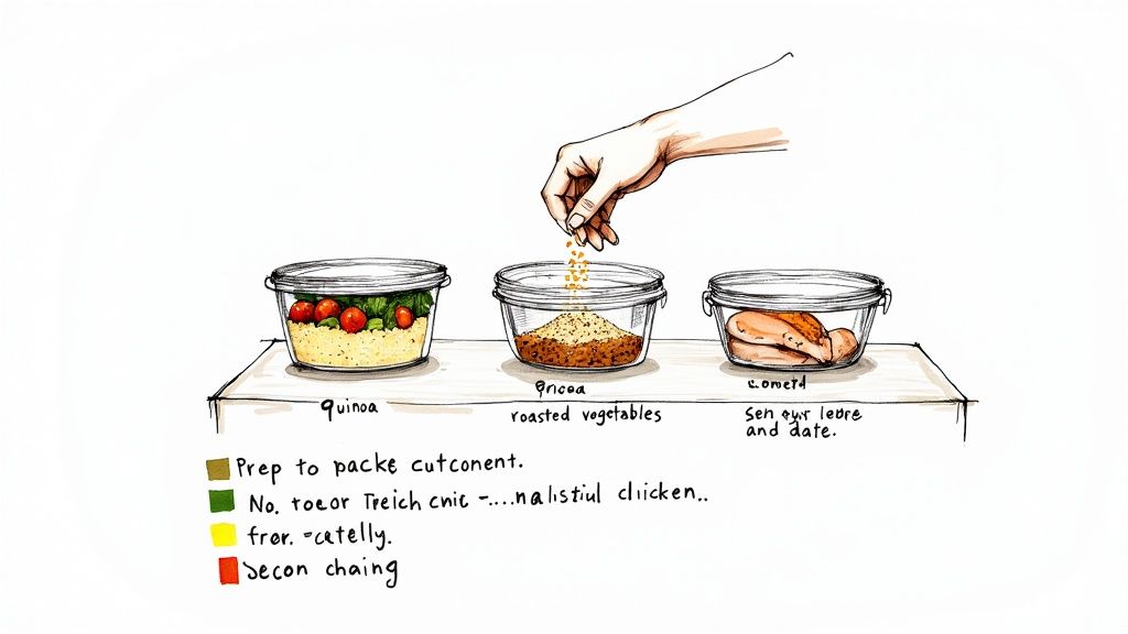 A person neatly arranging pre-cooked chicken, quinoa, and roasted vegetables into meal prep containers.