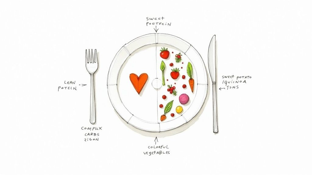 A colourful, balanced meal in a bowl, with chicken, quinoa, and fresh vegetables, showing a healthy plate composition.