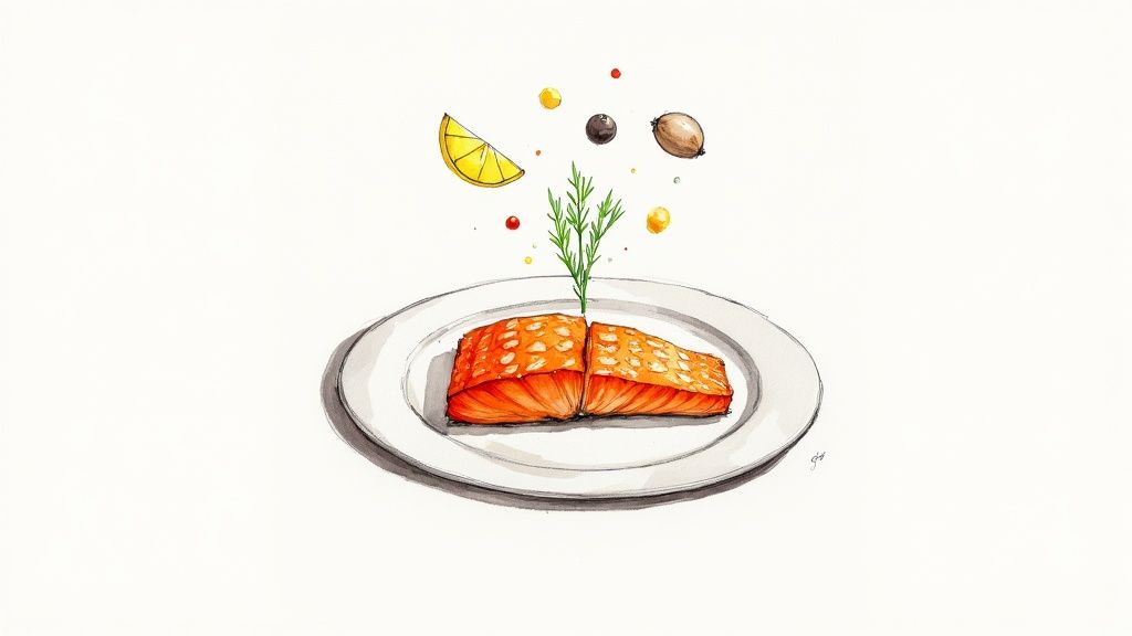 A beautifully seasoned salmon fillet with lemon slices and herbs, ready for cooking