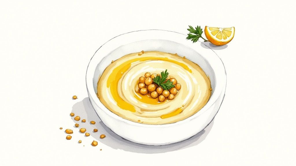 Watercolor illustration of a creamy hummus bowl with chickpeas, olive oil, parsley, and a lemon.