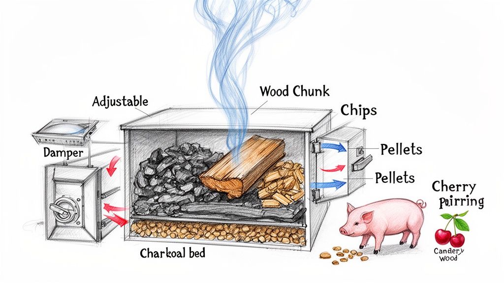 Detailed diagram of a BBQ smoker, showcasing charcoal, wood chunks, chips, pellets, damper, and cherry wood pairing.