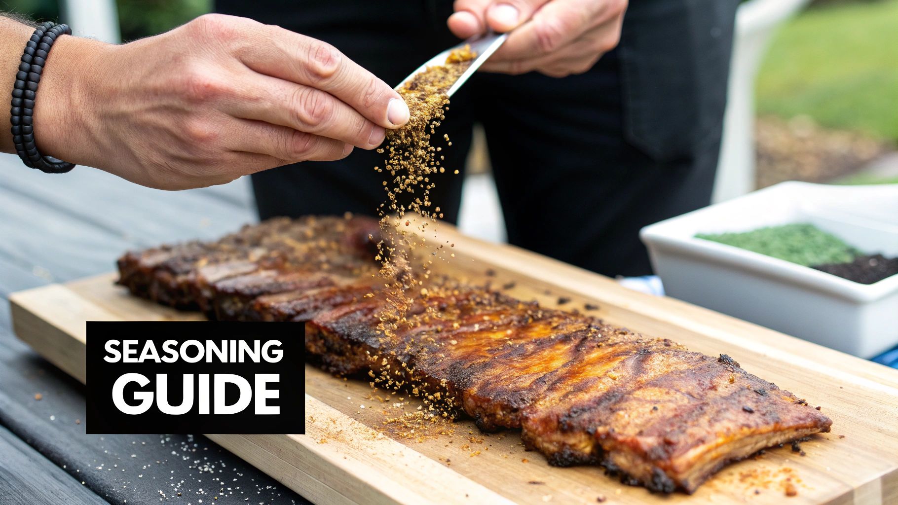 A close-up shot of a rack of BBQ ribs being glazed with a thick, dark sauce.
