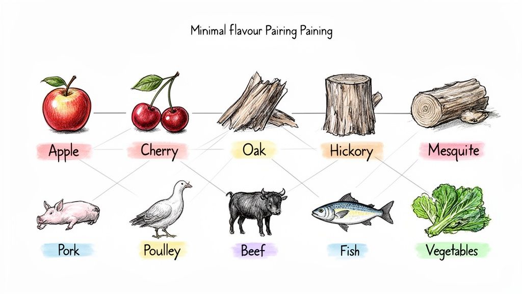 A diagram illustrating food and wood flavor pairings for smoking or cooking, featuring fruits, woods, meats, and vegetables.