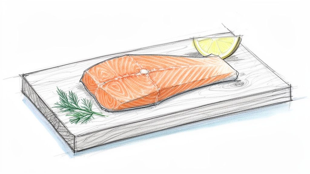 Hand-drawn sketch of a salmon steak with fresh dill and a lemon wedge on a cutting board.