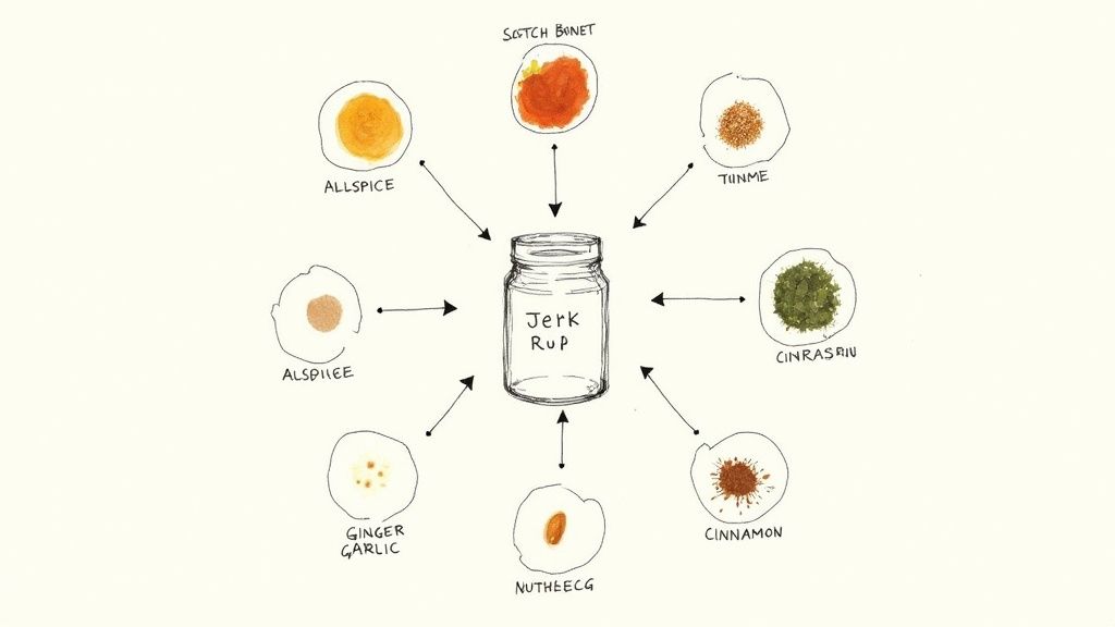 A close-up of a vibrant jerk chicken seasoning rub in a bowl, showing the texture of the spices.