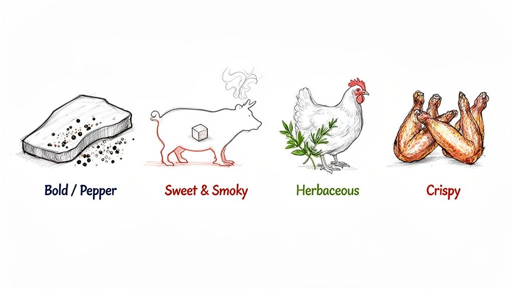 Illustrations of meat and poultry with suggested flavor profiles: bold pepper, sweet smoky, herbaceous, and crispy.