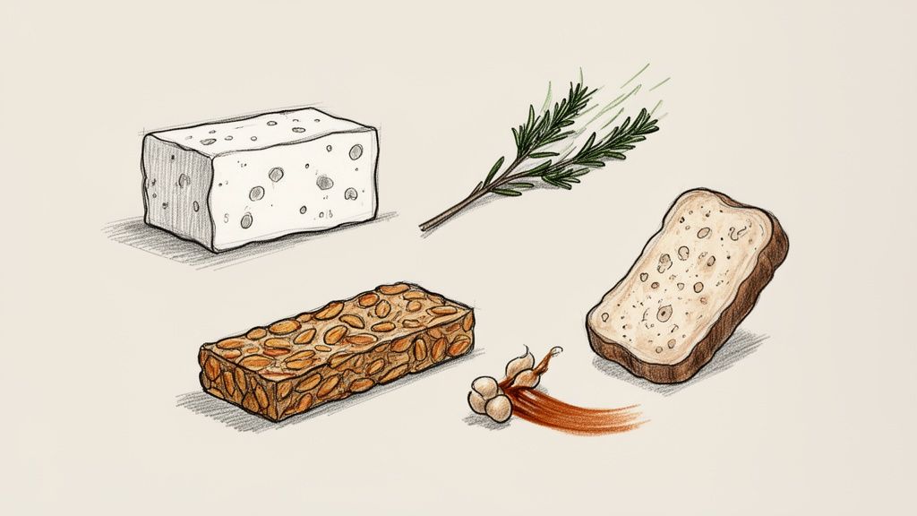 A sketch illustration shows high-protein foods: a block of tofu, tempeh bar, bread slice, rosemary, and ginger.