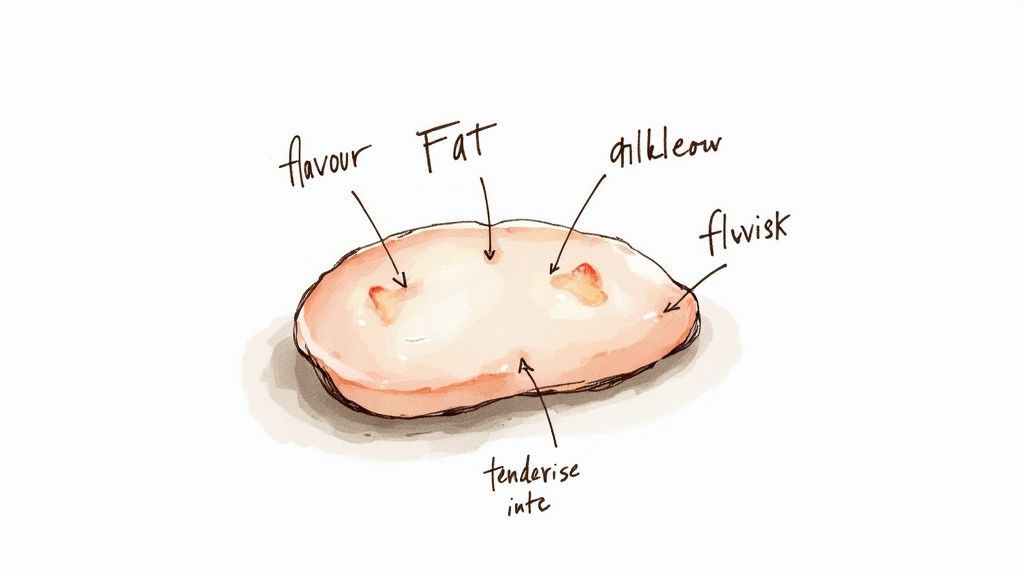 A close-up of beautifully marinated chicken skewers being grilled over charcoal.