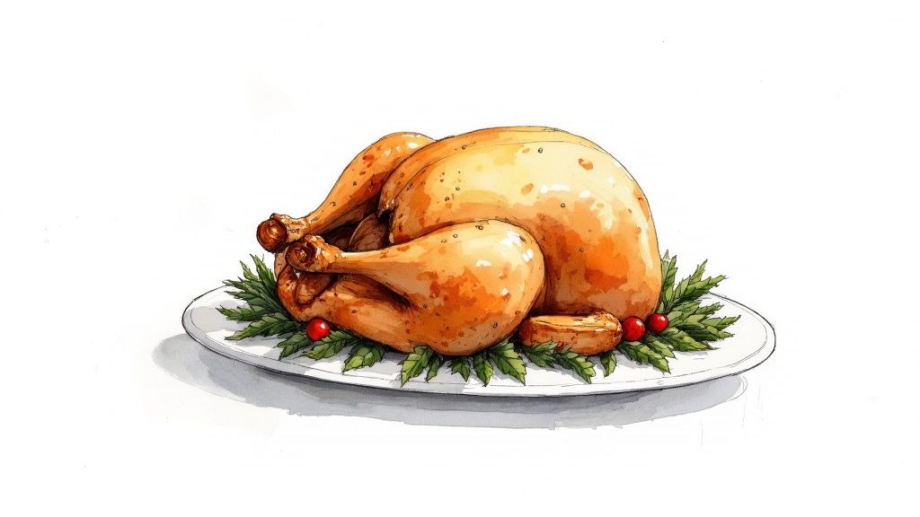 A beautifully roasted Christmas chicken seasoned and ready to be served on a platter.