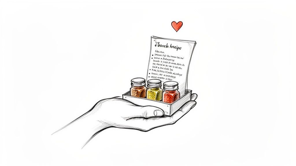 An illustration of a hand holding a spice kit and recipe card with a heart, suggesting a thoughtful gift.