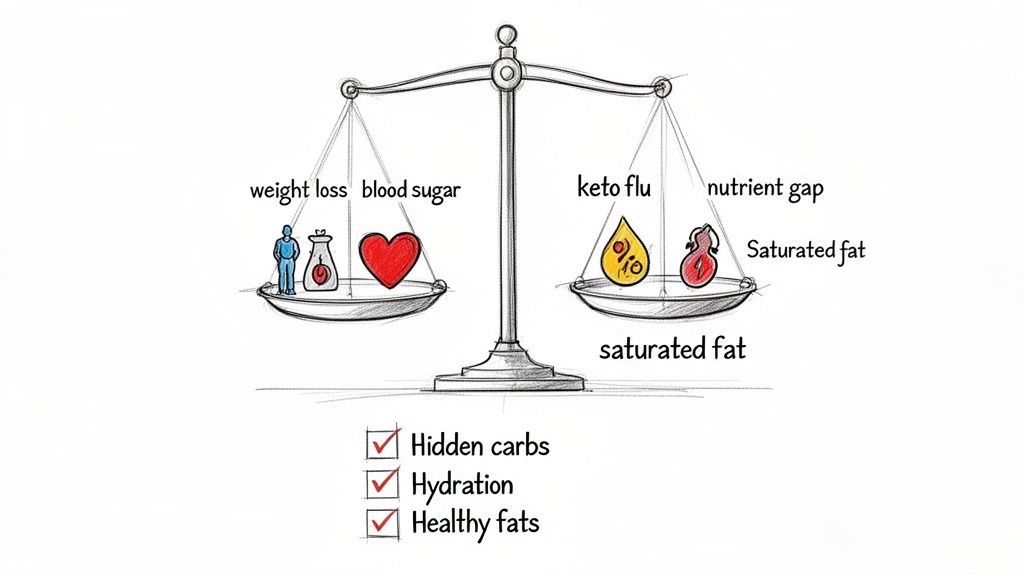 A sketch of a balance scale illustrating the pros and cons of a ketogenic diet.