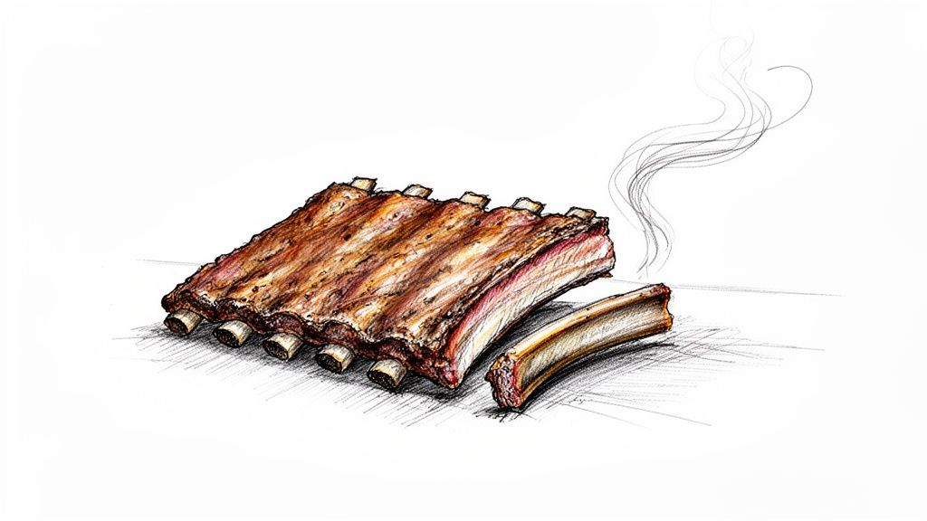 A hand-drawn illustration depicting a steaming rack of cooked ribs with a detached bone.