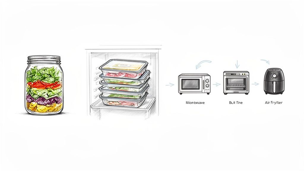 Meal prep containers in a fridge and cooking appliances: microwave, oven, air fryer, next to a layered salad jar.