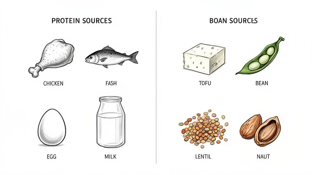 Illustration of animal protein sources: chicken, fish, egg, milk, and plant-based: tofu, beans, lentils, nuts.