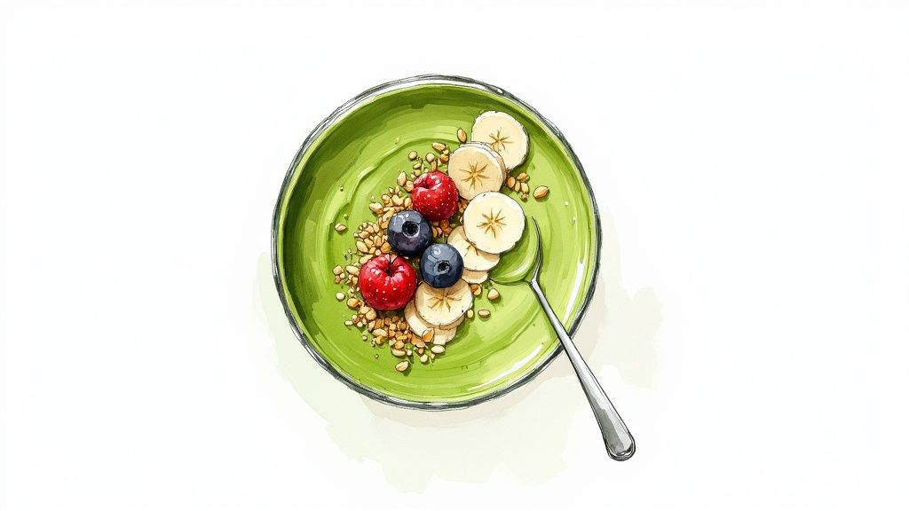 An overhead view of a vibrant green smoothie bowl topped with fresh raspberries, blueberries, banana slices, and granola, with a spoon.