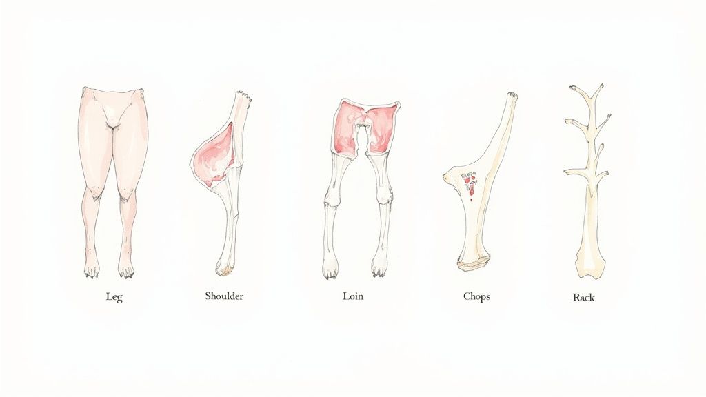 A watercolor illustration depicting five common cuts of lamb: leg, shoulder, loin, chops, and rack.