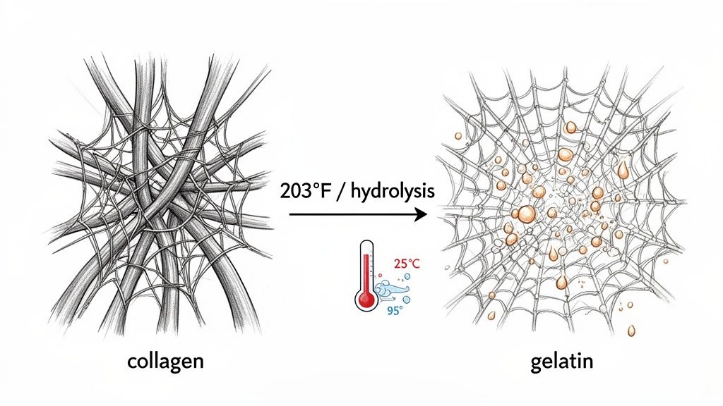 Diagram illustrating the transformation of dense collagen fibers into a net-like gelatin structure with droplets, under 203°F heat and hydrolysis.