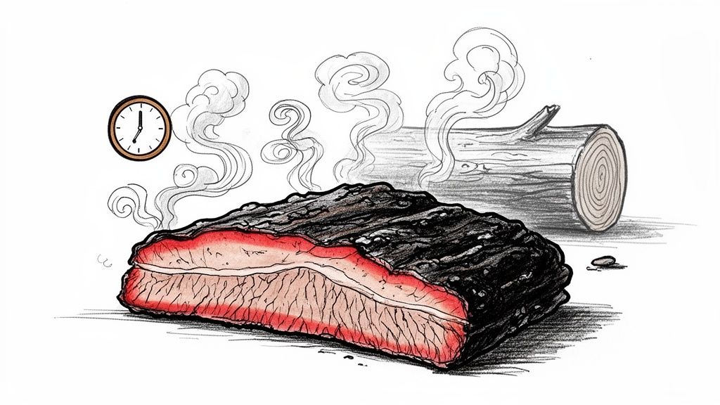 An illustration of a perfectly smoked brisket with a visible smoke ring, rising steam, a log, and a clock.