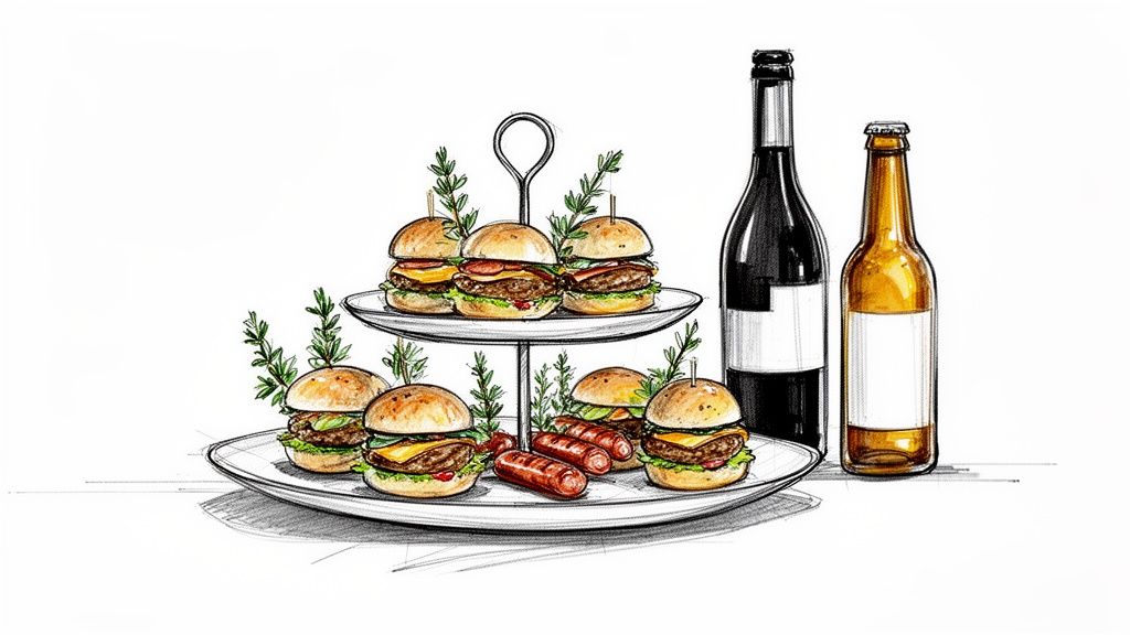 An illustration of a two-tiered stand with mini burgers, sausages, wine, and beer bottles.