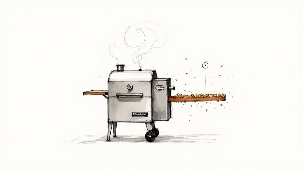 A person grilling with wood pellets, showing a variety of seasoned meats on the grill
