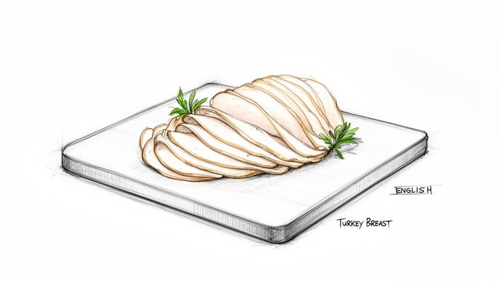 A serving of thinly sliced turkey breast with green herb garnishes on a white platter.