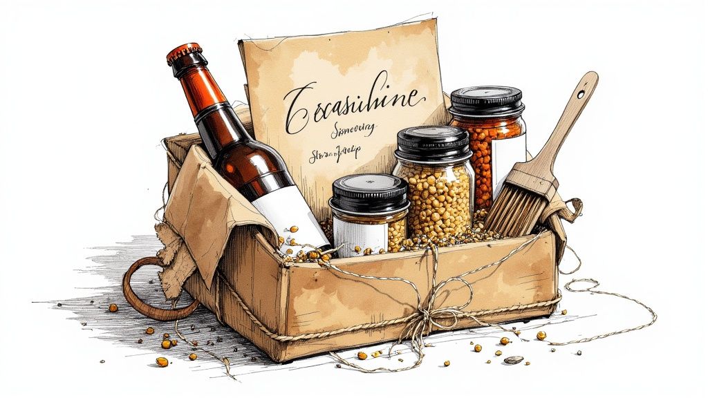 A curated hamper of Smokey Rebel BBQ rubs, a craft beer, and BBQ tools on a rustic wooden background.