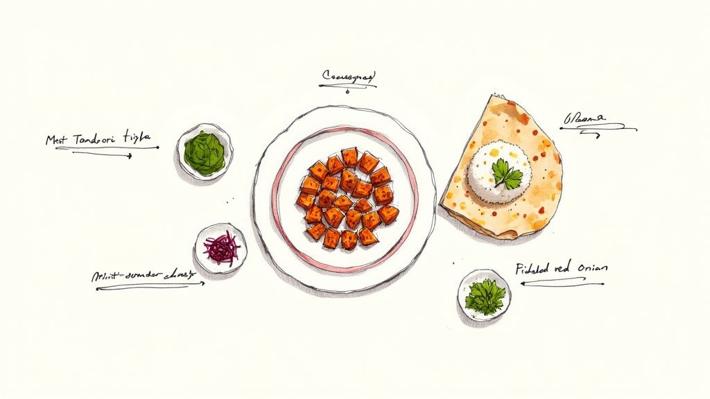 A beautiful spread of tandoori tikka chicken served with naan bread, rice, and various chutneys.