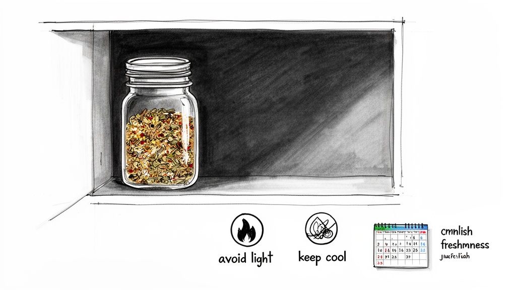 A glass jar of seasoning mix in a dark cabinet, illustrating proper storage for freshness.