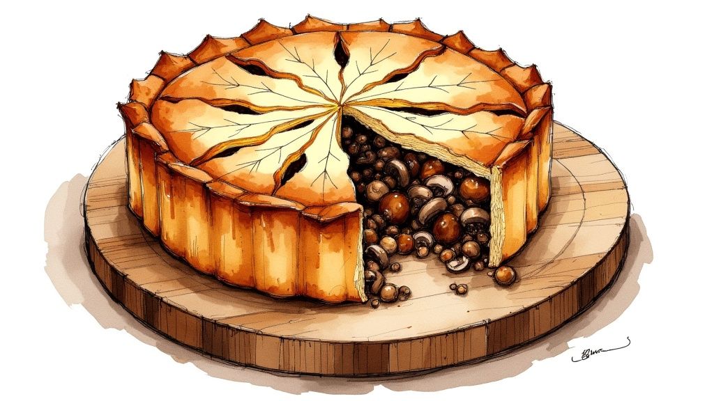 A delicious golden mushroom pie with a decorative leaf crust, a slice removed revealing the filling.