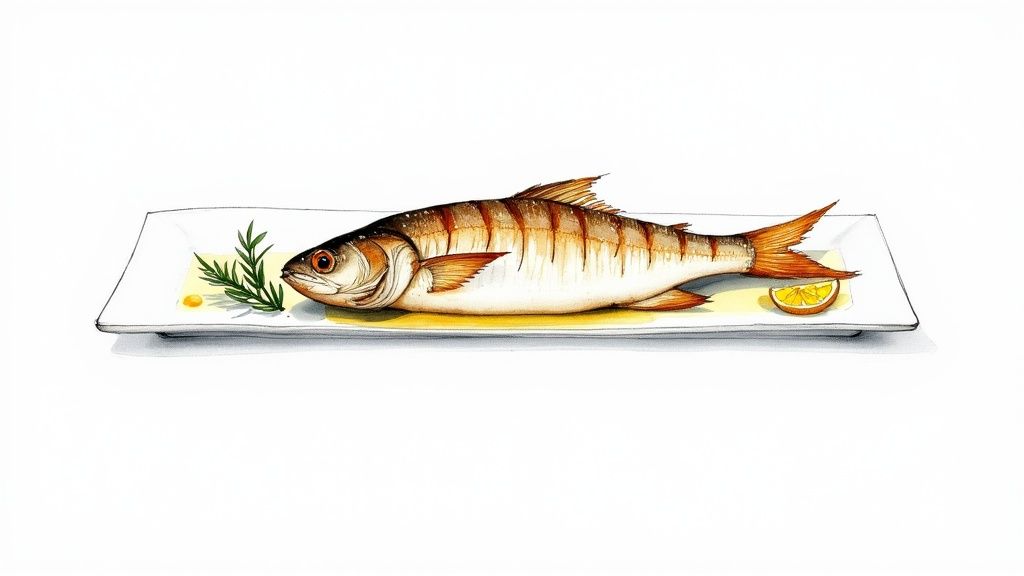 A perfectly cooked fish on a white plate with rosemary and a lemon slice.